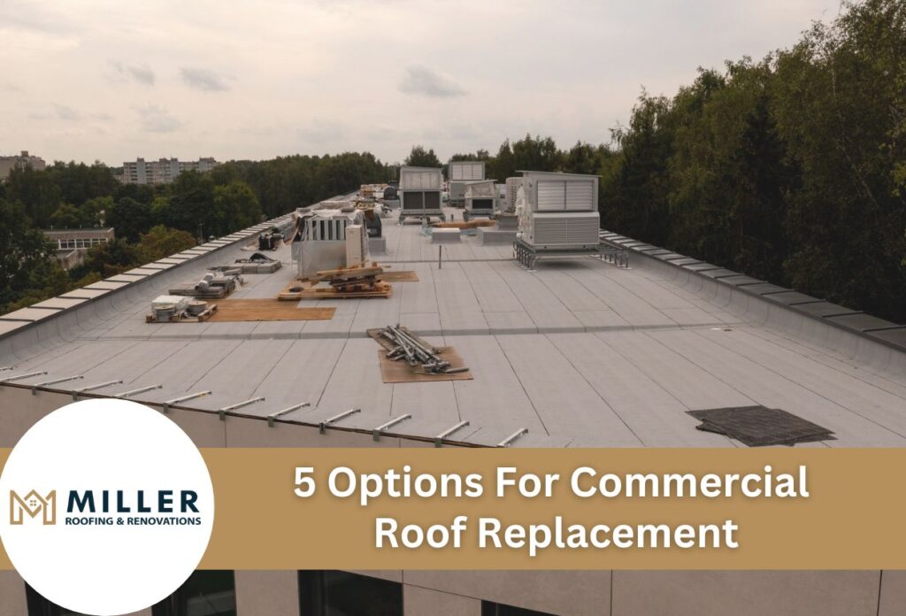 Commercial flat roof with HVAC units and equipment showing replacement options