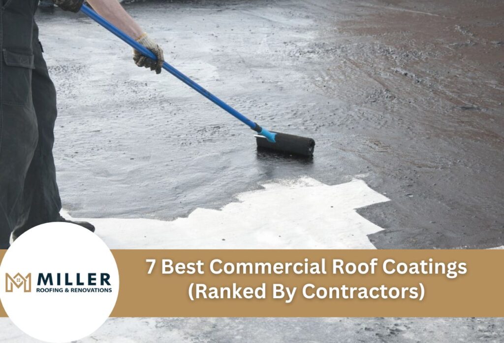 Worker applying commercial roof coating with blue-handled roller brush on flat roof surface
