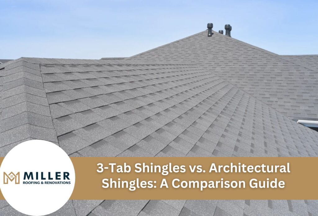 Gray asphalt shingle roof with multiple sections and roof vents under blue sky