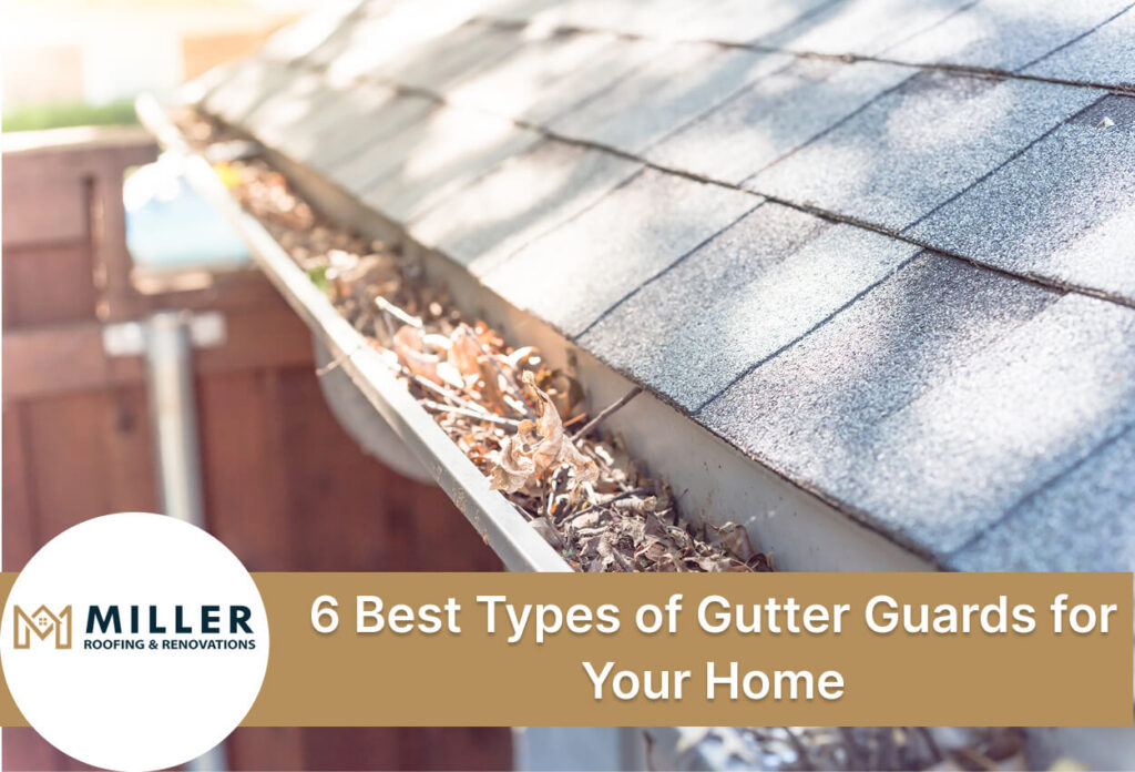 Close-up of a home's gutter filled with leaves needing maintenance.
