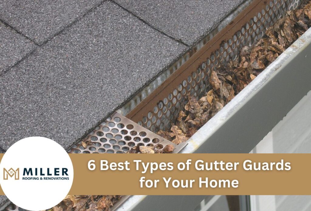 Perforated metal gutter guard installed in home gutter system filled with leaves
