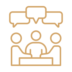 Business meeting icon with speech bubbles and people discussing collaboration