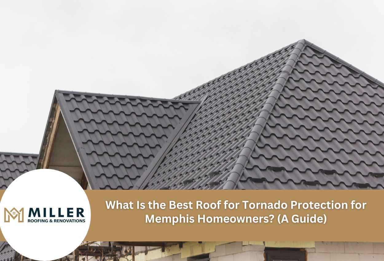 Gray metal tile roof on residential home showing tornado-resistant roofing materials