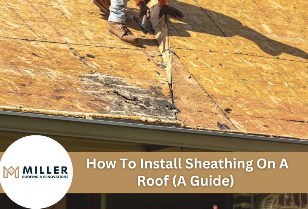 Worker installing roof sheathing plywood on house construction project with tools