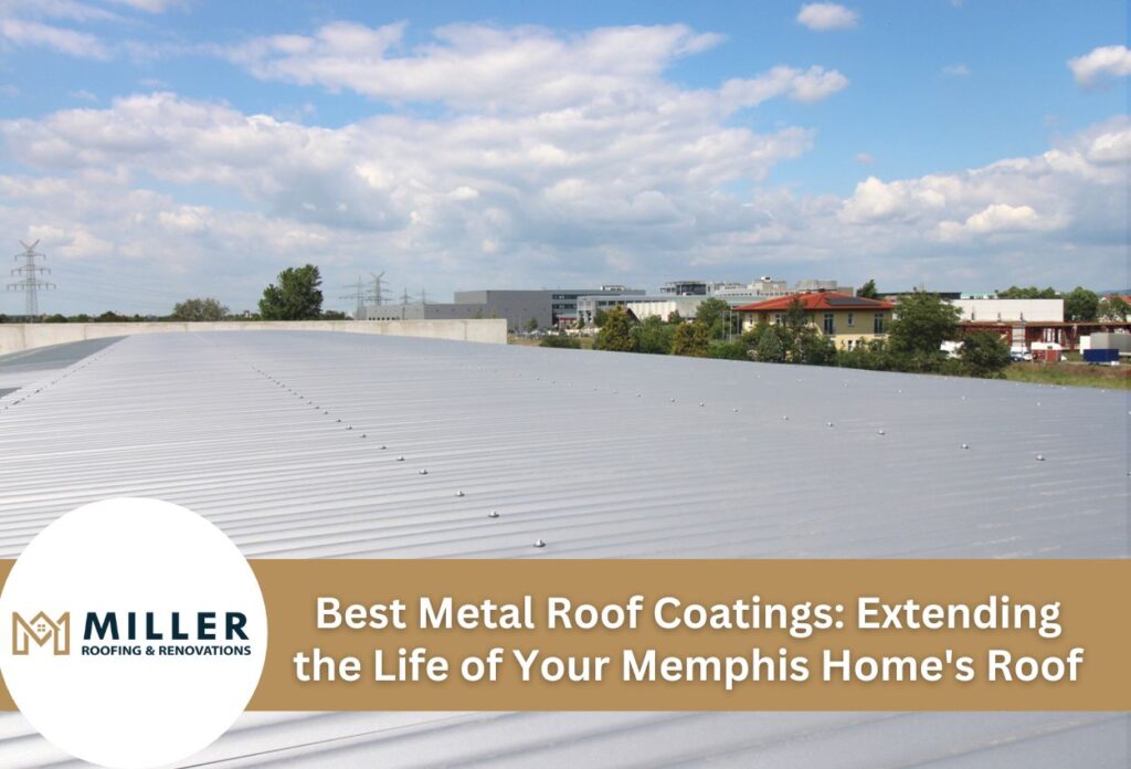 Large commercial metal roof with protective coating under cloudy sky