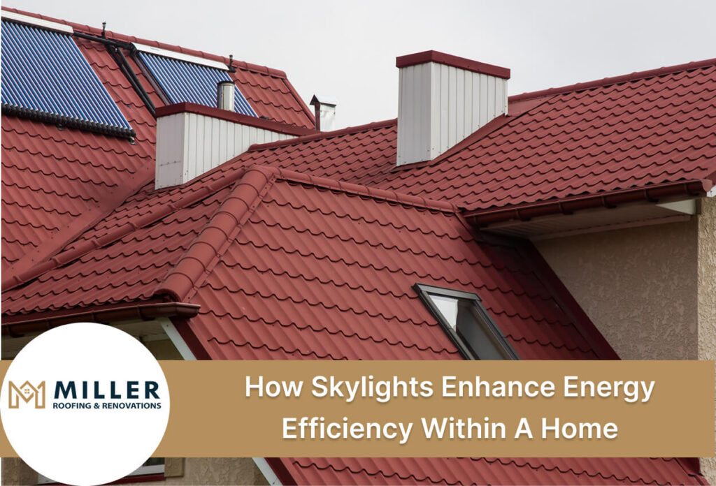 Red roof with skylights promoting energy efficiency in a home