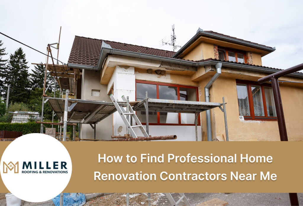 House undergoing renovation with scaffolding and ladders in place.