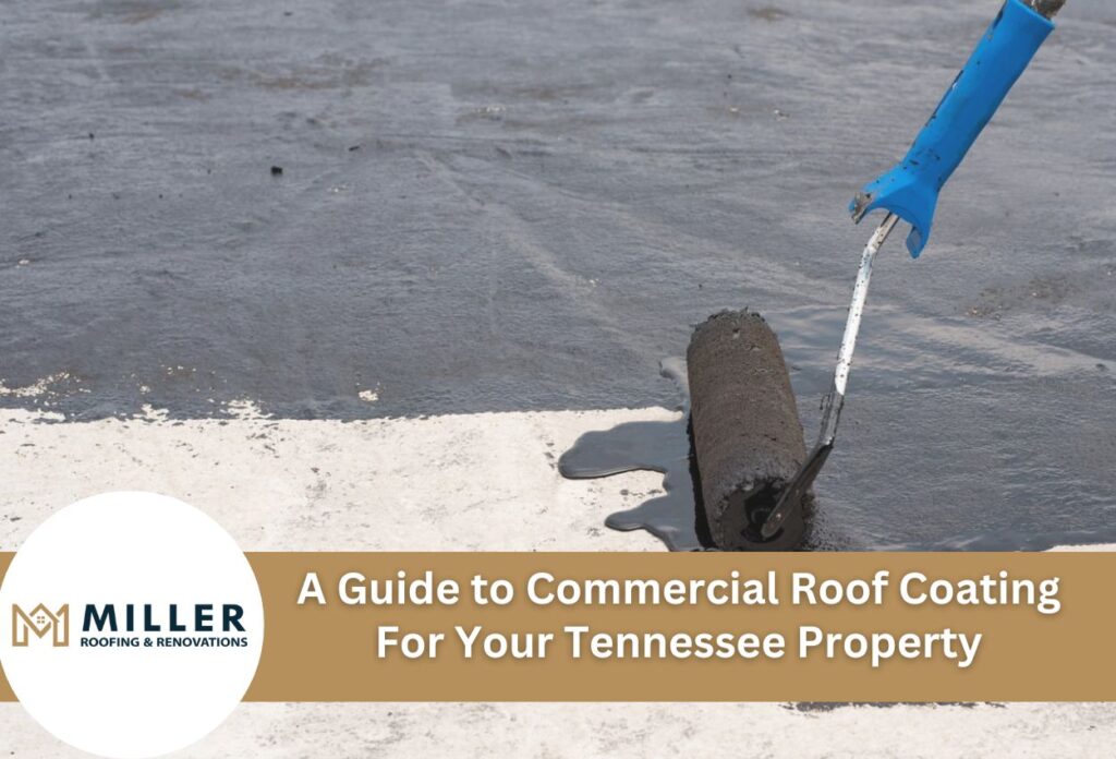 Worker applying commercial roof coating with blue roller on flat rooftop surface