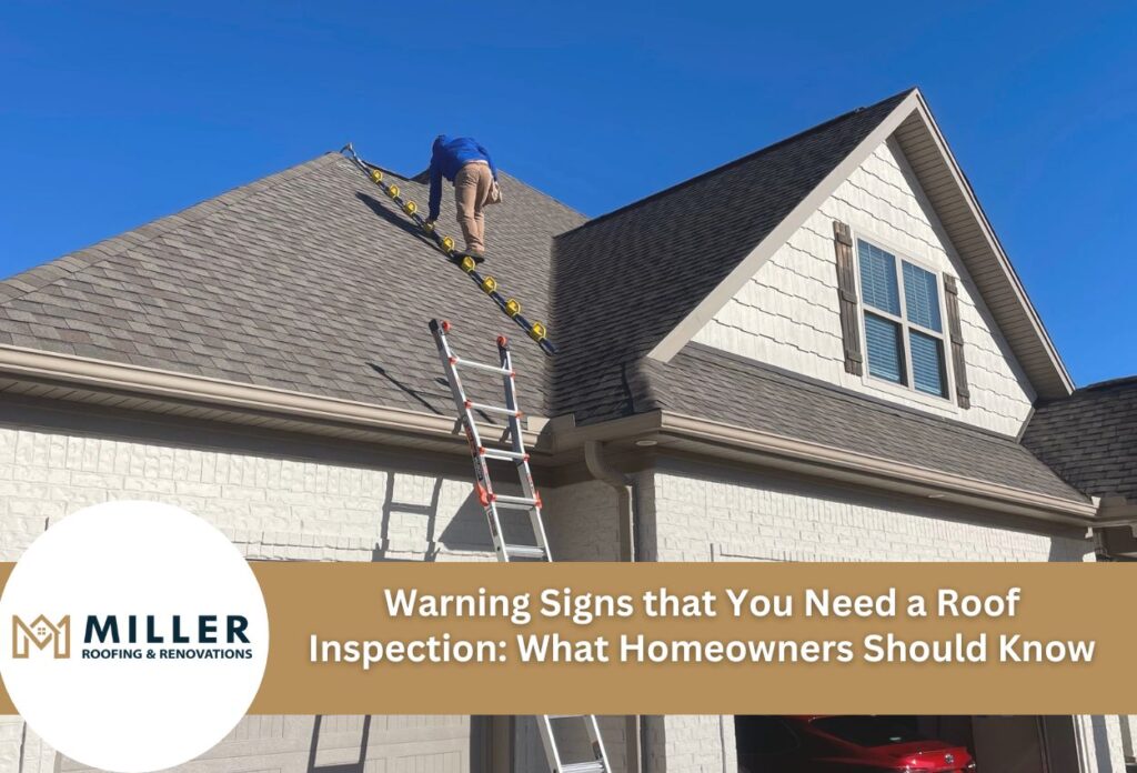 Professional roofer inspecting residential home roof with ladder and safety equipment