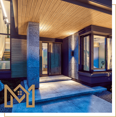 Modern house entrance with wooden accents and warm lighting