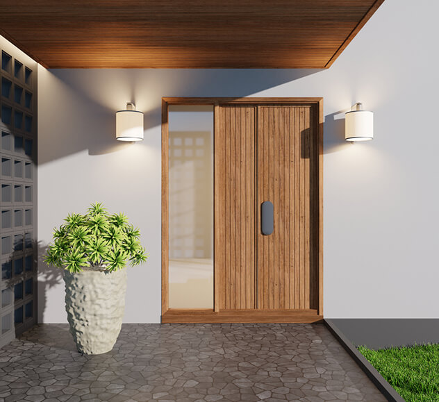 Modern wooden front door with planters and lights in elegant entryway